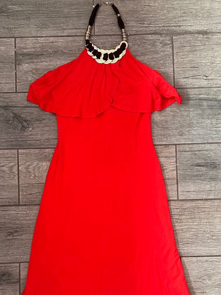 Vintage Bebe Halter Ruffle Midi Dress W/ Jeweled Neckline